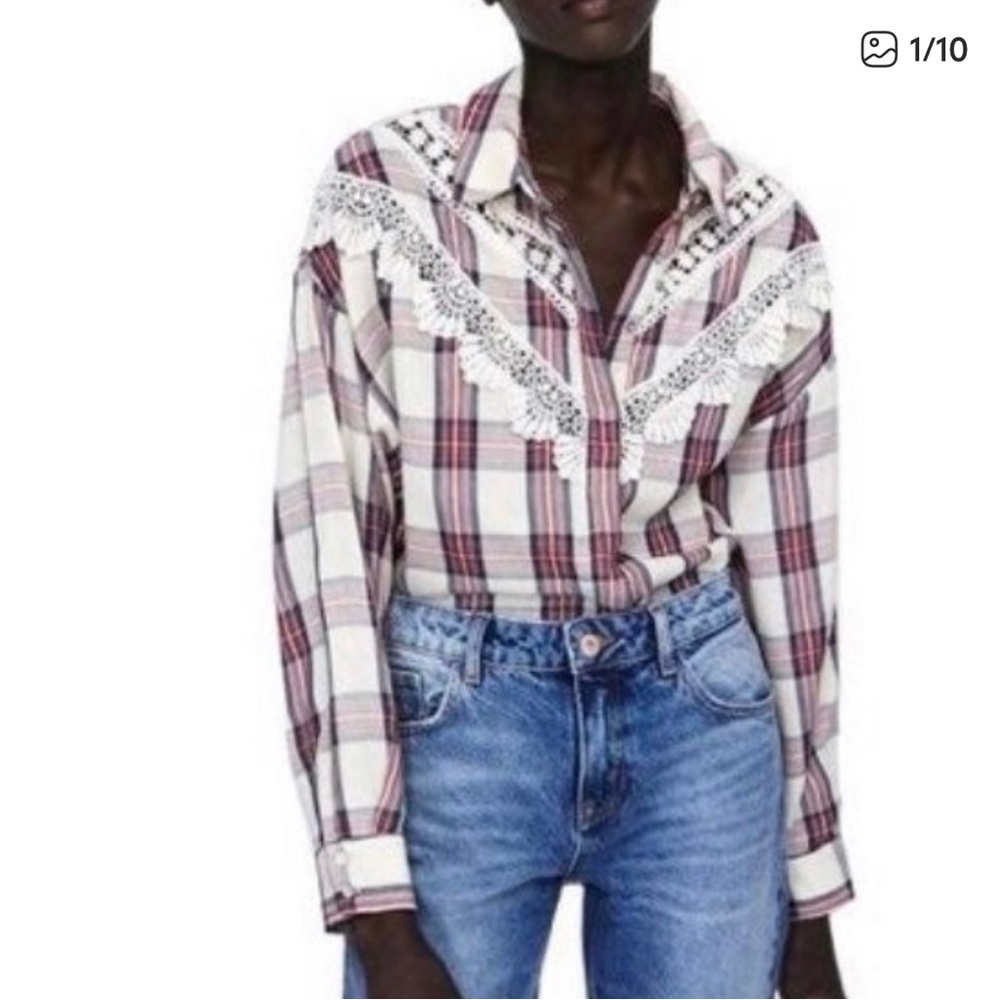 Zara Red and White Plaid Lace Button Down Shirt